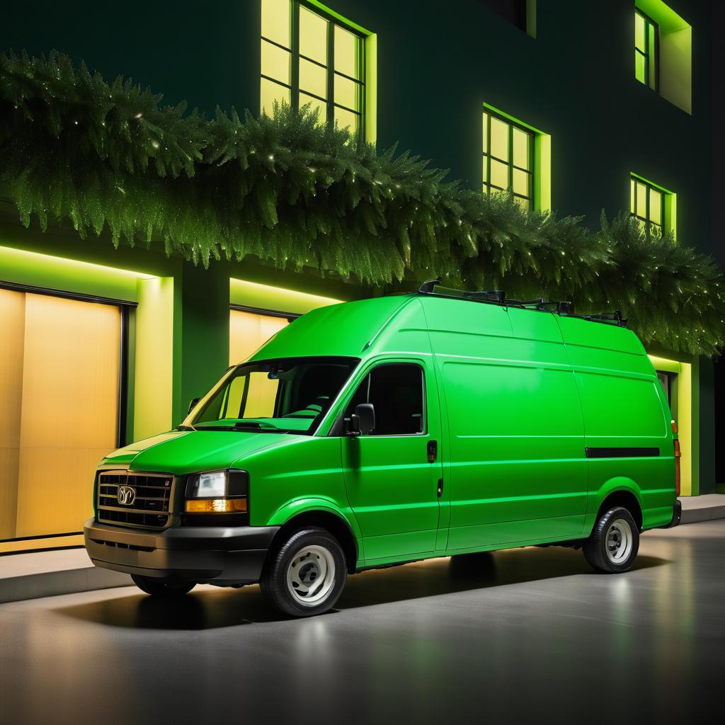 Nighttime Scene of a Green Delivery Van