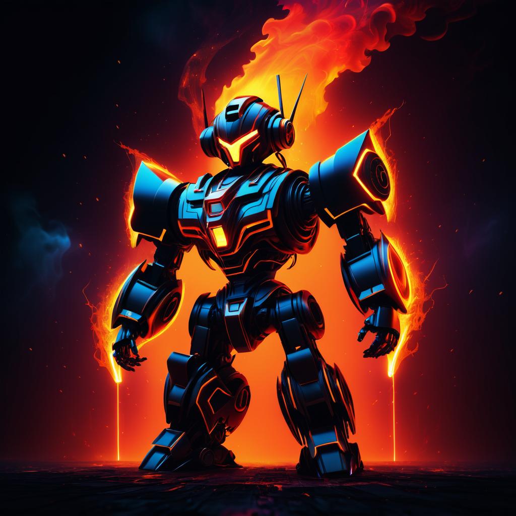 Triumphant Robot in Fiery Abstract Landscape