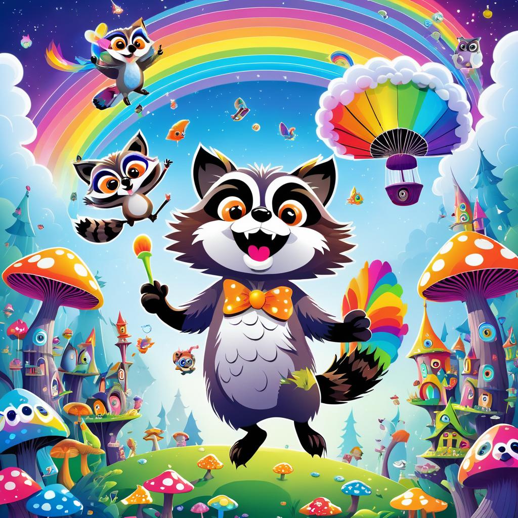 Whimsical Cartoon Clash of Raccoon and Owl