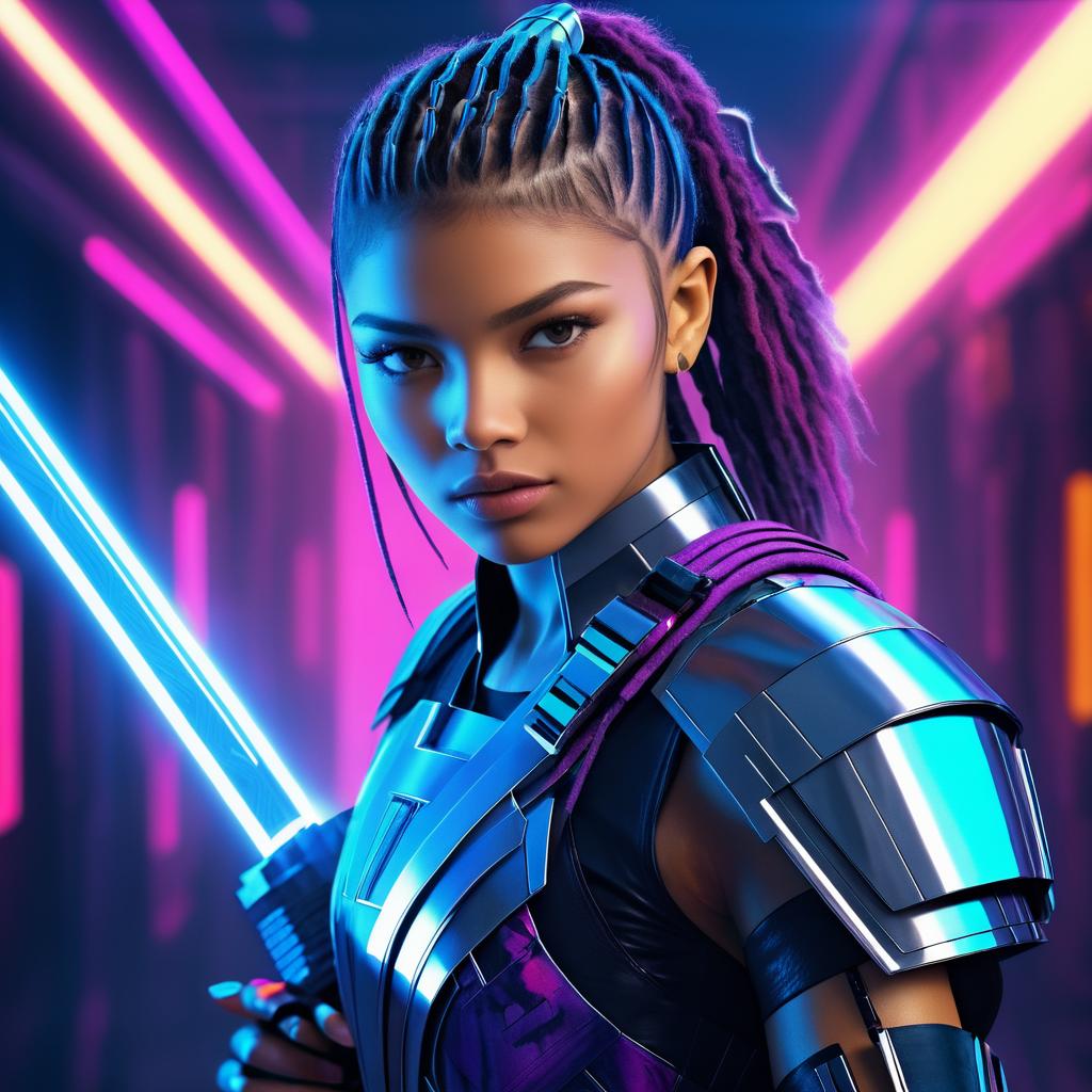 Zendaya as a Cyberpunk Warrior in Action