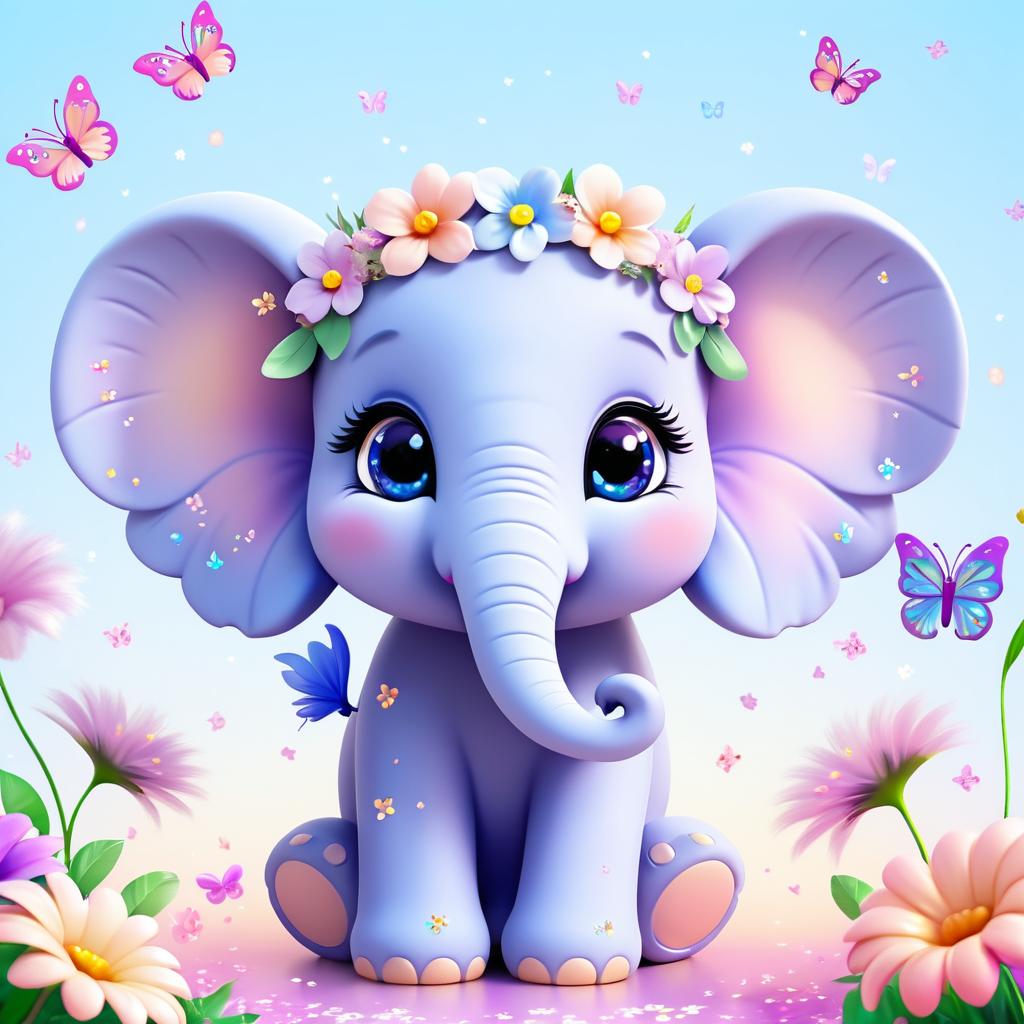 Adorable Kawaii Elephant in a Flower Fantasy