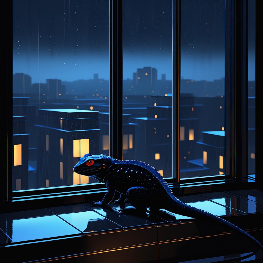 Moody Lizard on Rainy Windowsill