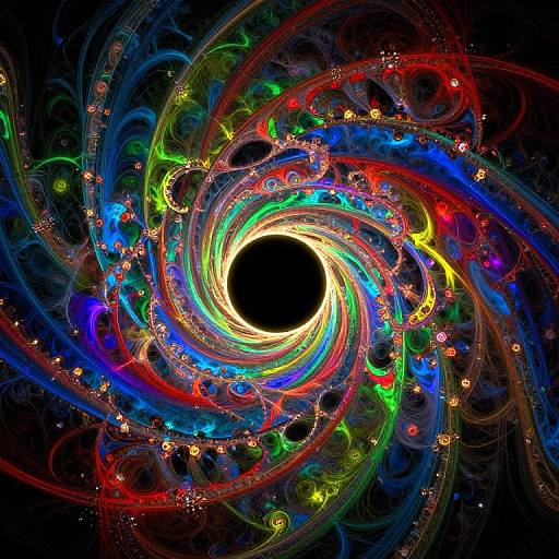 Vibrant, swirling fractal artwork featuring a black central void surrounded by colorful, glowing, spiral patterns in red, blue, green, yellow,