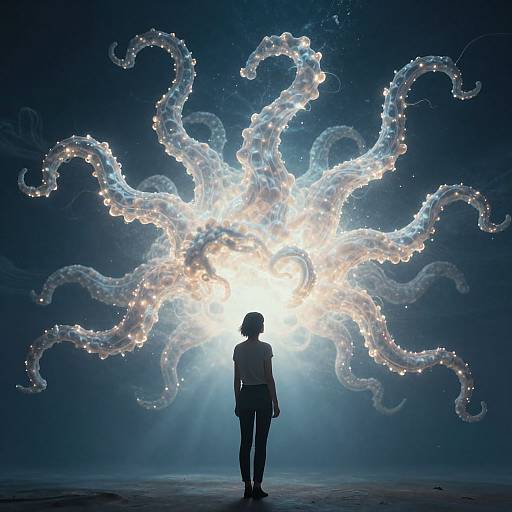 Photograph of a silhouetted person facing a radiant, multi-tentacled light display against a dark blue background, resembling a glowing,