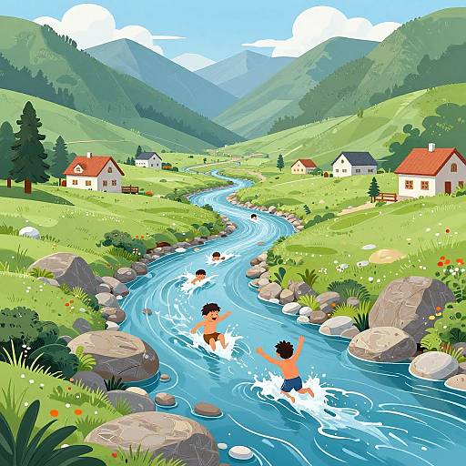 Digital illustration of three children playing in a blue, winding stream surrounded by green hills, rocky banks, and red-roofed houses.