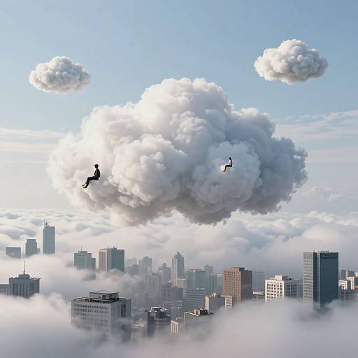 Digital artwork: Two silhouetted figures jumping from a massive, fluffy cloud above a cityscape with skyscrapers partially shrouded in mist