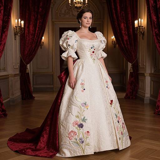 Photograph of a fair-skinned woman in a white, floral-embroidered, puffed-sleeve ball gown with a red velvet train
