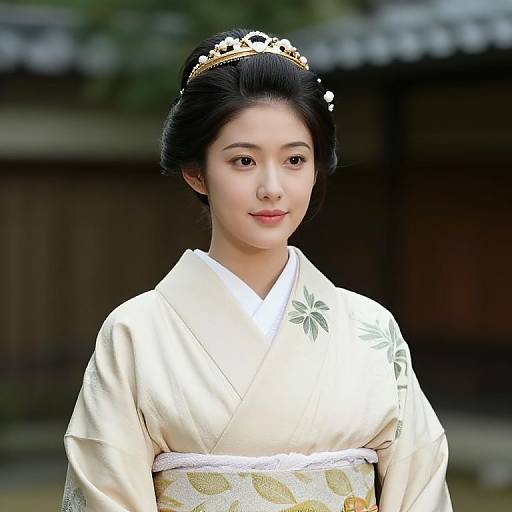 Woman in Beige Leaf Kimono with Crown