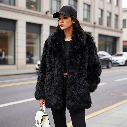 Chic Woman in Black Faux Fur Coat