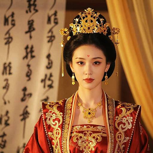 Photograph of an Asian woman in ornate red traditional Chinese wedding attire with gold embroidery, a gold crown, and jewelry, standing in front of a
