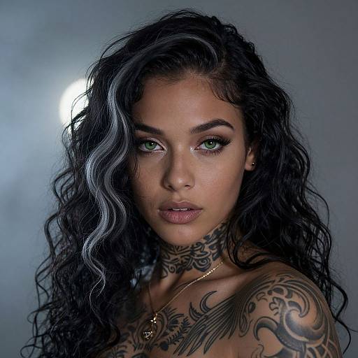 Photograph of a young woman with long, wavy black hair, green eyes, and intricate black tattoos on her neck and shoulder. She wears a