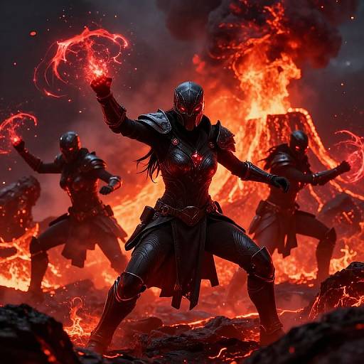 Digital art of four armored warriors with glowing red energy rings, standing in front of a blazing, fiery background. Intense, dark, and dramatic.