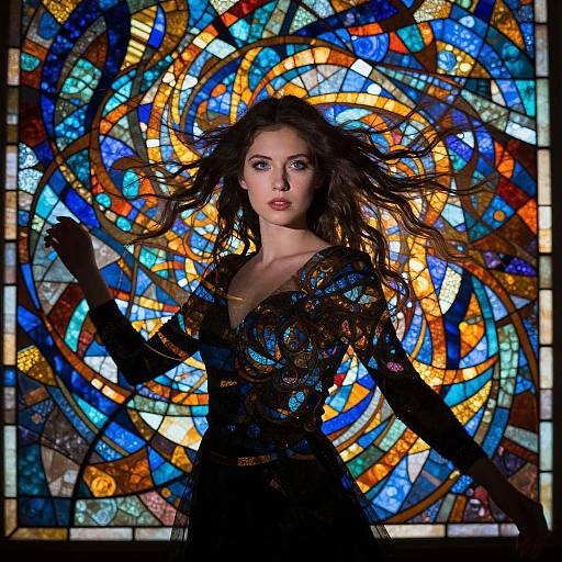 Photograph of a young woman with long brown hair, wearing a black, sequined dress, standing against a vibrant, circular stained-glass window with