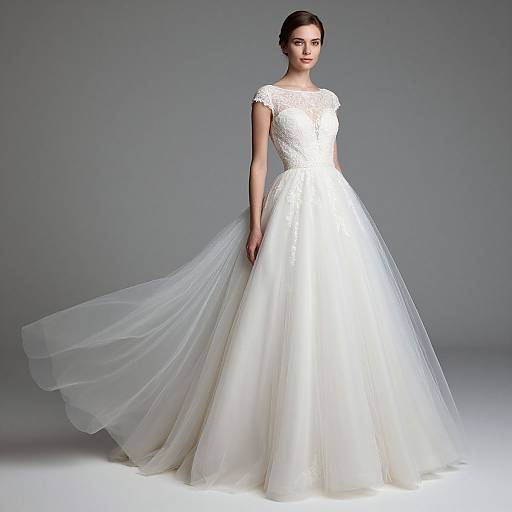 Photograph of a slender woman with fair skin and dark hair in an elegant, white, lace-capped, ball-gown wedding dress with a full