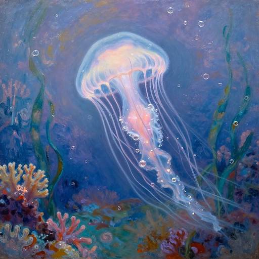 Vibrant underwater painting of a glowing jellyfish with translucent tentacles, surrounded by colorful coral and bubbles, set in a deep blue ocean.