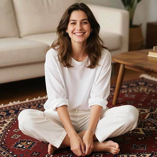 Photograph of a smiling woman with medium-length brown hair, wearing a white shirt and pants, sitting cross-legged on a patterned rug in a bright