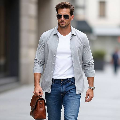 Photograph of a handsome, bearded man with short brown hair, wearing dark sunglasses, light gray button-up shirt over white tee, blue jeans,