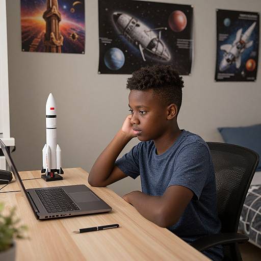 Photograph of a young Black boy with short curly hair, wearing a blue shirt, focused on laptop, surrounded by space posters, model rocket, and