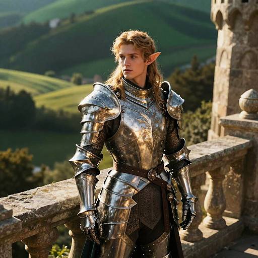 Photograph of a blonde, elven warrior with pointed ears, wearing shiny silver armor, standing on a sunlit stone balcony overlooking green, rolling hills