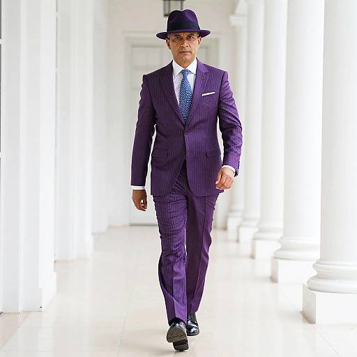 Man in Purple Pinstriped Suit Walking