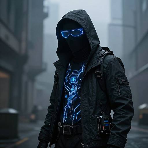 Cyberpunk figure in dark hooded jacket with glowing blue neon patterns, mask with blue LED eyes, standing in foggy urban alley.