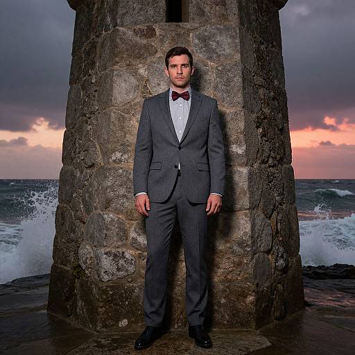 Photograph of a serious, dark-haired man in a gray pinstripe suit with a red bowtie, standing in front of a stone lighthouse