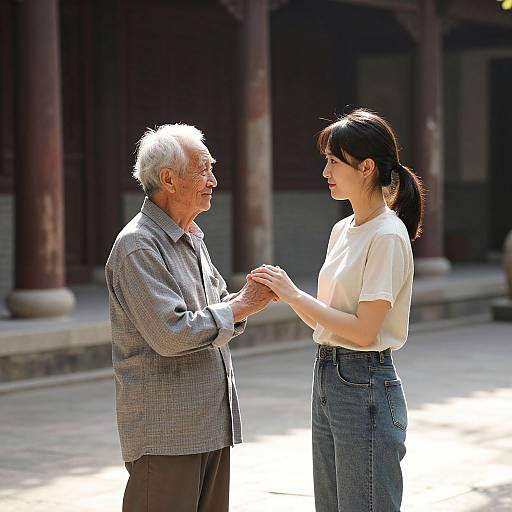 Photograph of an elderly Asian man with white hair and glasses, holding hands with a young Asian woman in a white top and high-waisted blue