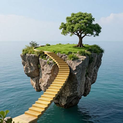 Digital artwork of a floating rocky island with a yellow staircase leading up, topped with a green tree and grass, set against a clear blue sky and ocean