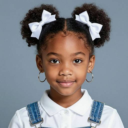 Photograph of a young Black girl with dark curly hair in two puffs, adorned with white bows, wearing a white shirt and denim overalls,