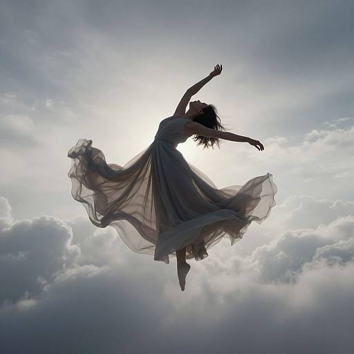 Photograph of a silhouetted woman in a flowing, sheer dress, mid-jump, arms outstretched against a bright, cloudy sky