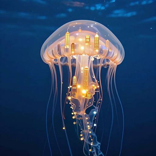 Luminous Jellyfish Underwater Cityscape