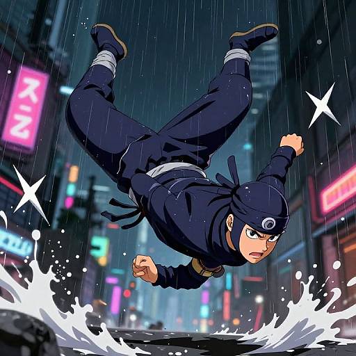 Anime-style drawing of a black-clad ninja with a headband leaping through a rainy, neon-lit city street, splashing water beneath.