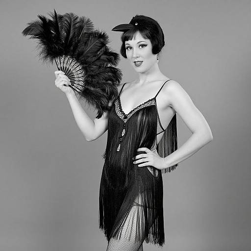 Black-and-white photograph of a confident woman in a fringed, black, 1920s-style lingerie dress, holding a feather fan, wearing a