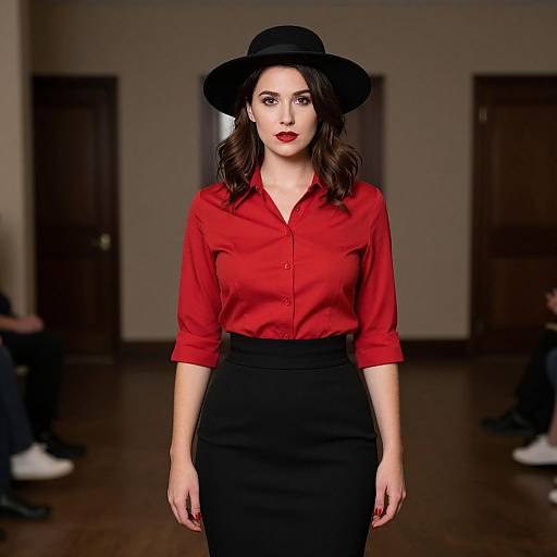 Photograph of a fair-skinned woman with dark hair, red blouse, black skirt, and black hat, standing confidently in a dimly lit room