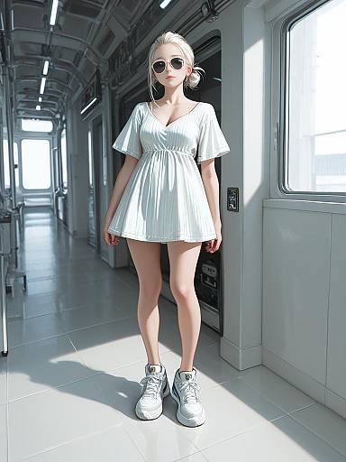 Photorealistic CGI of a blonde woman in white dress, sunglasses, and white sneakers standing in a brightly lit subway tunnel.