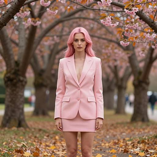 Woman in Pink Blazer and Skirt in Autumn Park