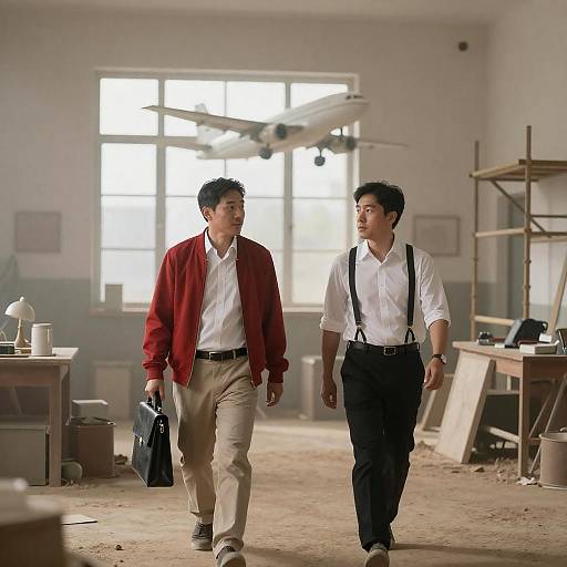 Two Men in Dusty Room with Model Plane