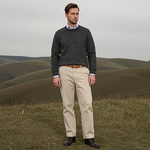 Photograph of a man with short brown hair, dark sweater, white shirt, beige pants, and black shoes, standing on a grassy hill with