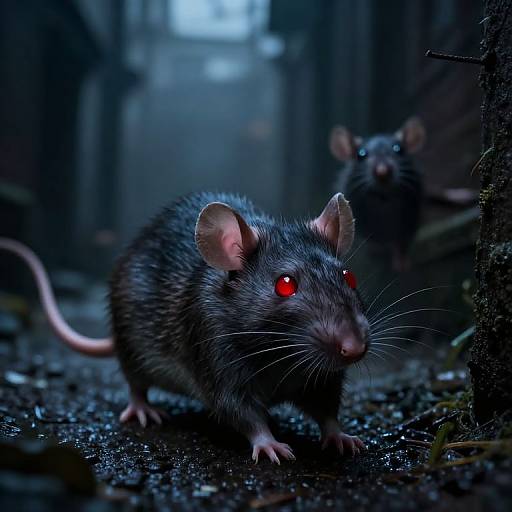 Photograph of a dark, eerie alley at night featuring two glowing red-eyed rats with detailed fur, one in focus and one blurred in the background,
