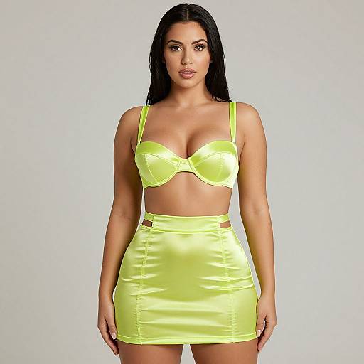 Photograph of a curvy woman with long black hair, wearing a neon yellow bra and matching high-waisted mini skirt, standing against a plain