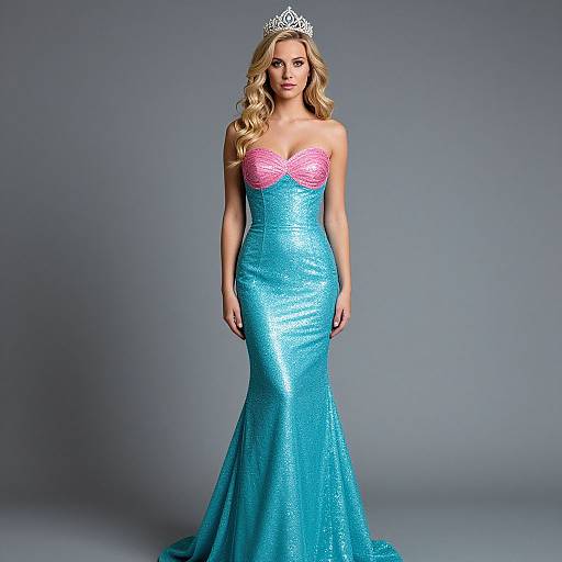 Photograph of a blonde woman with wavy hair, wearing a silver tiara, pink and blue sequined mermaid gown, standing against a gray