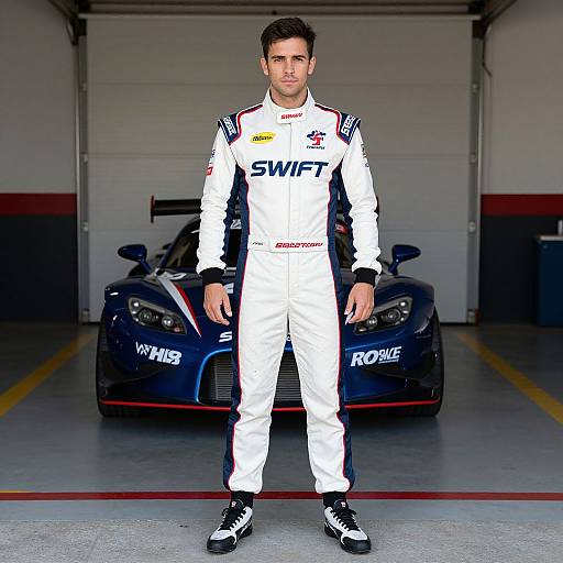 Photograph of a male race car driver in white SWIFT racing suit, standing in front of a black Porsche WHISK race car in a garage.