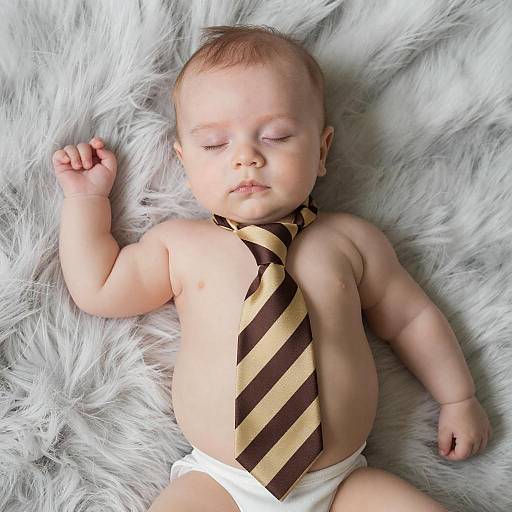 Sleeping Baby Wearing Striped Tie on Faux Fur Blanket