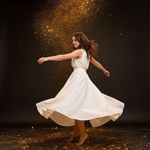 Photograph of a brunette woman in a flowing white dress, barefoot, spinning against a black background with golden glitter particles.