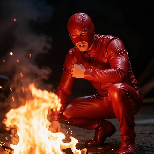 Man in Red Leather Suit by Fire