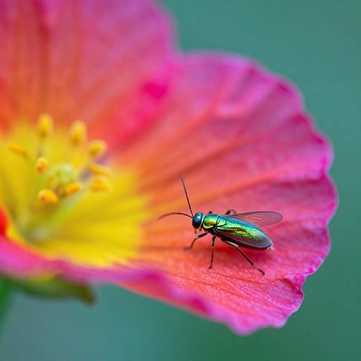 Photograph of a vibrant, iridescent green beetle on a pink and red flower with a yellow center, against a blurred teal background.