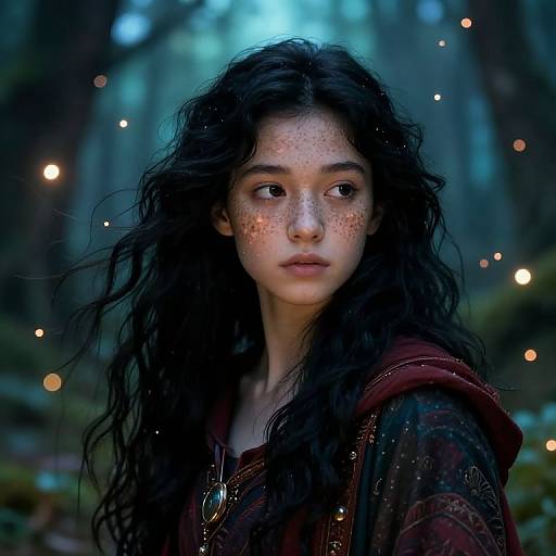 Photograph of a young woman with long, wavy black hair, freckled face, and serious expression, wearing a dark, patterned cloak