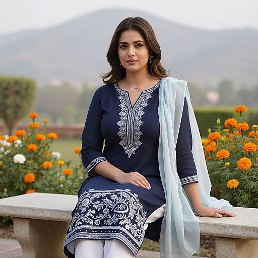 Photograph of a young South Asian woman with medium skin tone, dark wavy hair, wearing a navy salwar kameez with white embroidery,