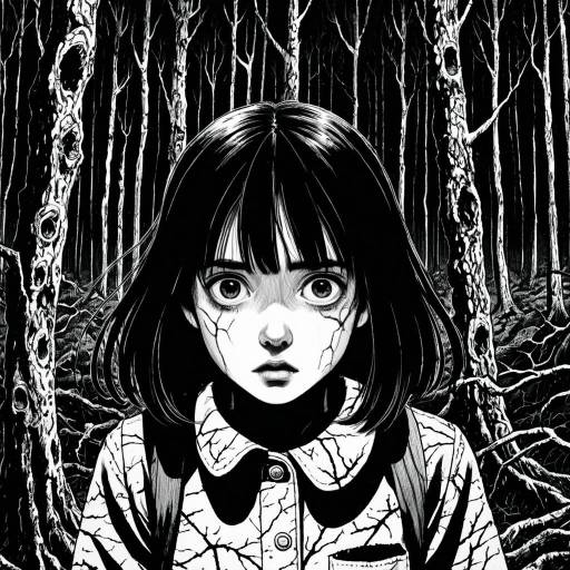 Monochrome Manga Girl in Haunted Forest