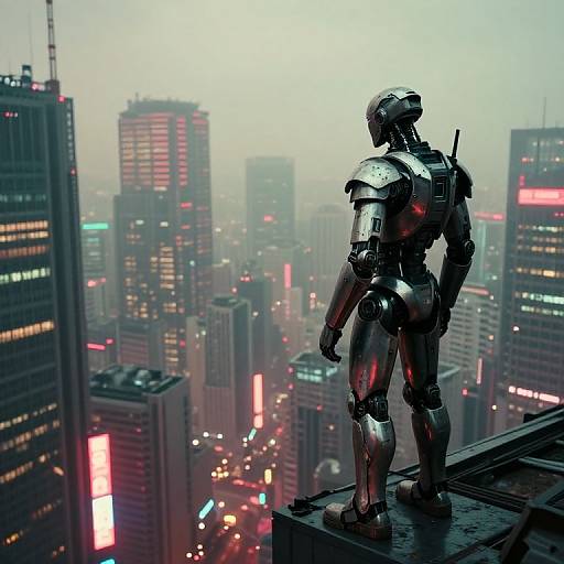 Cybernetic warrior statue standing on rooftop, overlooking neon-lit, foggy futuristic cityscape with towering skyscrapers and vibrant, colorful lights